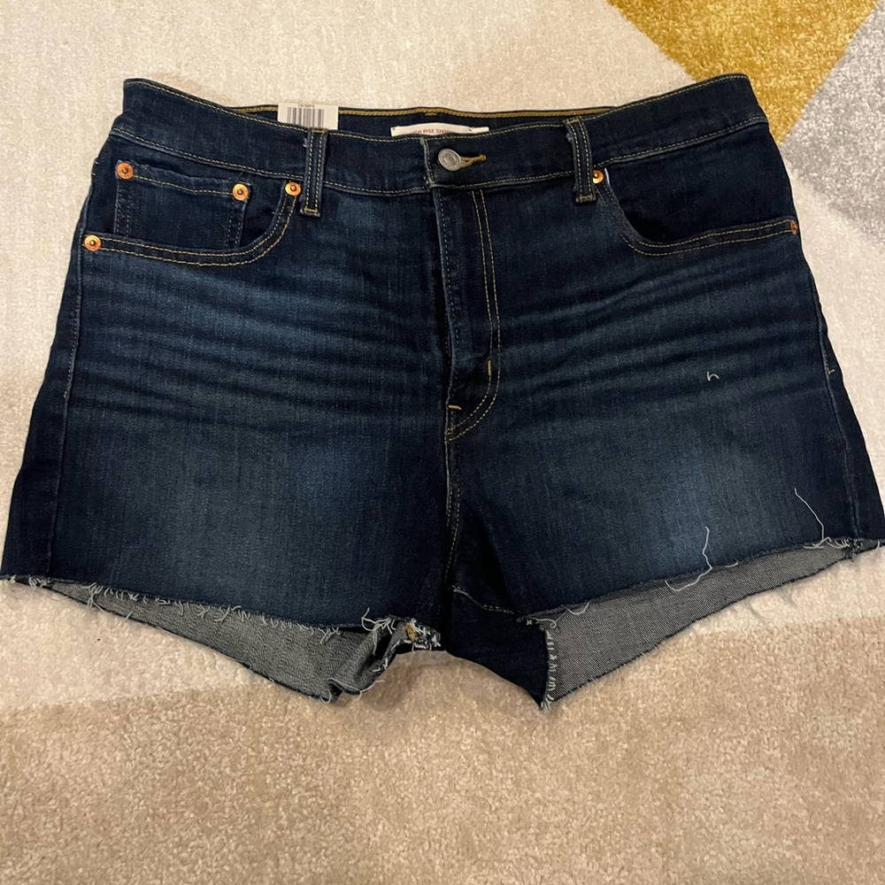 Levi's High Rise Dark Wash Denim Jean Shorts Cut Off Size 14 32 NEW NWT Raw Hem